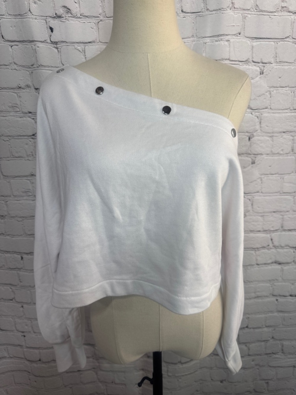 Jennifer Lopez White Off-Shoulder Snap-Trim Cropped Sweatshirt XL - Picture 5 of 8